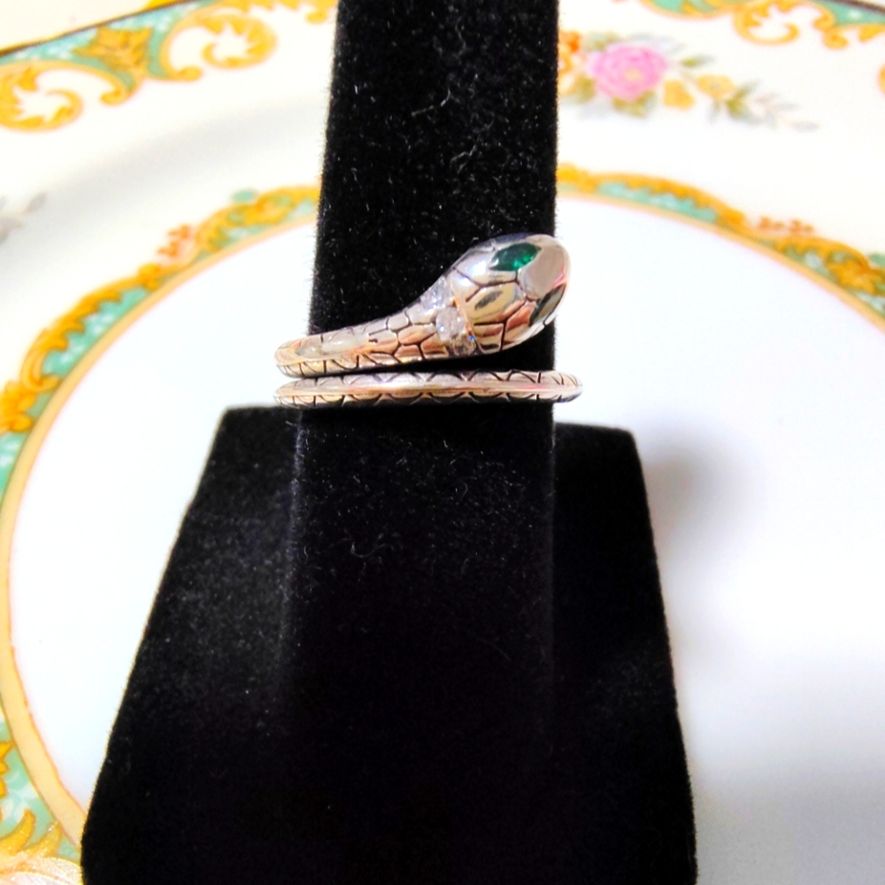 925 Italian silver and green zirconia Snake Ring